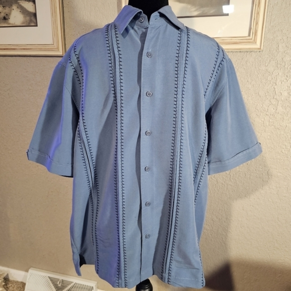 Centro‎ Mens Blue Short Sleeve Button Down Shirt Contrast Stitch Small
